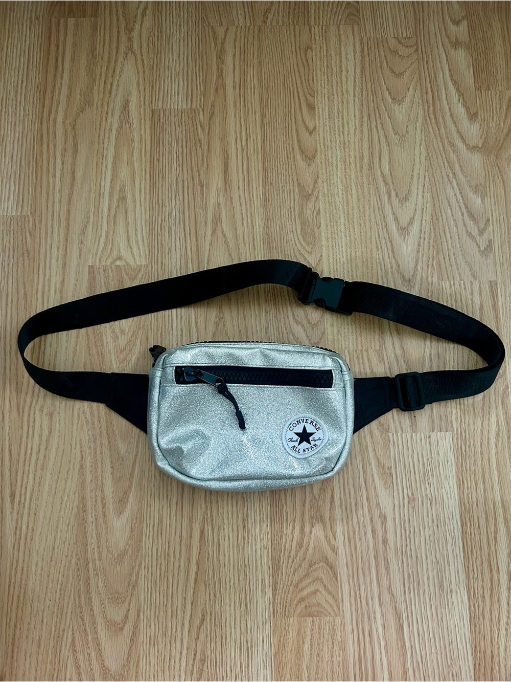 Converse Metallic Silver Crossbody Belt Bag with Black Strap